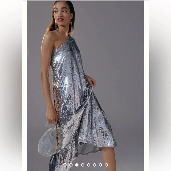Anthropologie Maeve One-Shoulder Silver Sequin Formal Dress Size Small S NWT - Picture 2 of 8